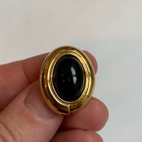 Monet Jewelry - Monet Gold Tone Black Oval Cabachon Vintage Clip on Earrings Signed